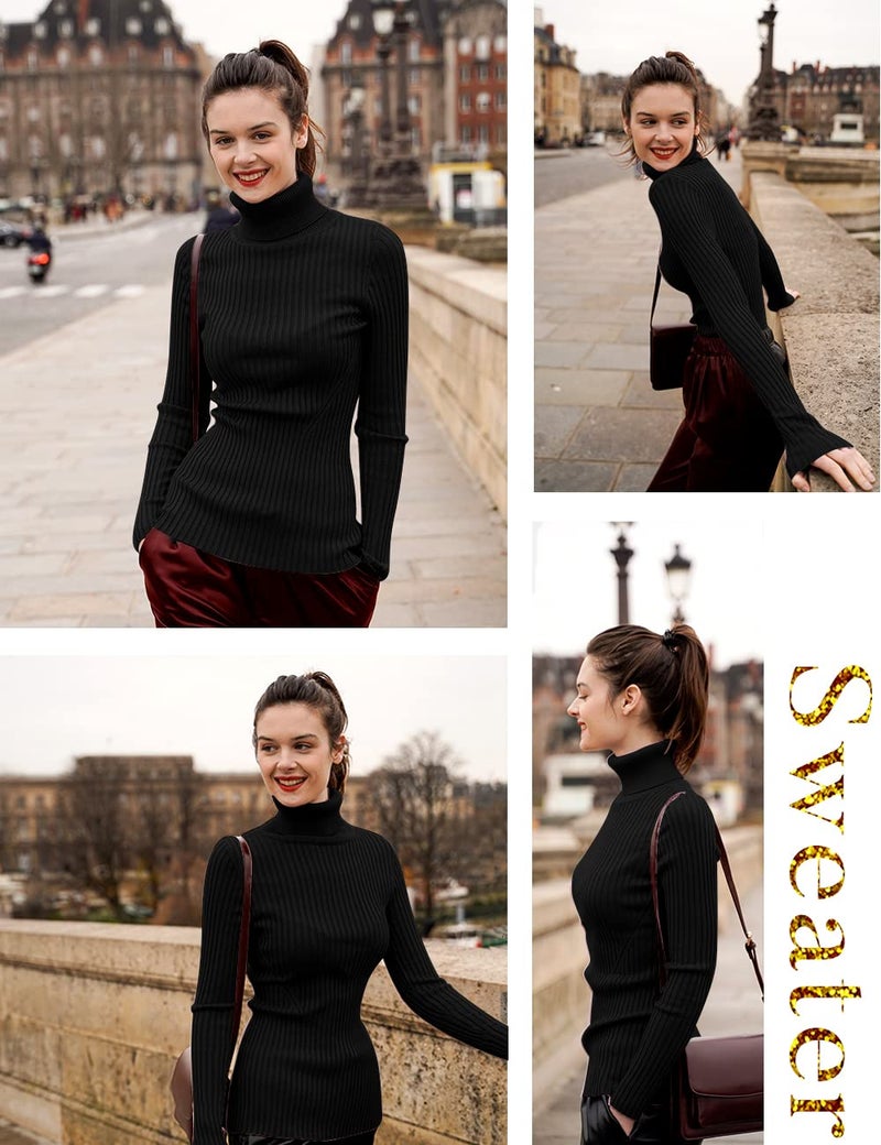 v28 Women Stretchable Turtleneck Knit Long Sleeve Slim Fit Sweater (XS,Black) - Image 4